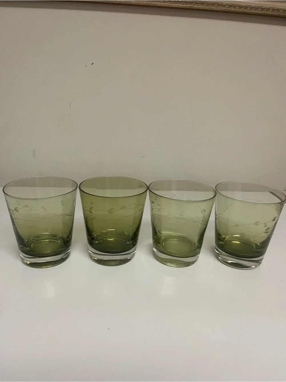 Set of 4 Vintage Olive Green Etched Leaf Rocks Glasses Tumblers Mid Century